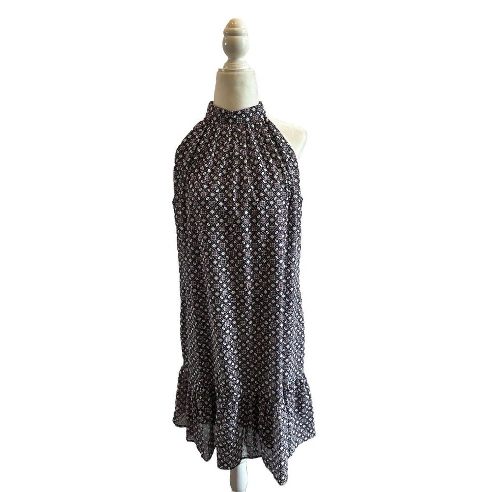 Leslie Fay Pattern Dress Knit Navy Geometric Mock Neck Sz 4